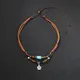 Leather Rope Choker Brown Leather Necklace Antique Green Stone Silver Color Flower Shape Charm