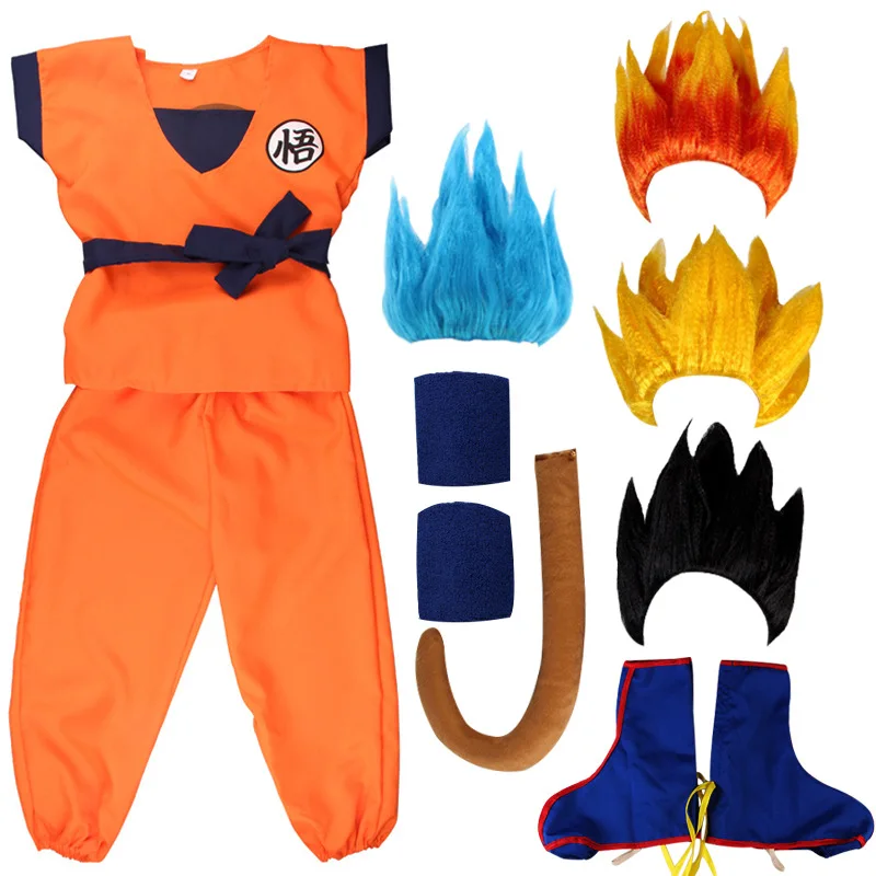 Halloween Weihnachten Kind Erwachsene Z Kleidung Anzug Goku Cosplay Kostüme Top/Hose/Gürtel/Schwanz/Handgelenk/Perücke für Purim Kostüm Image