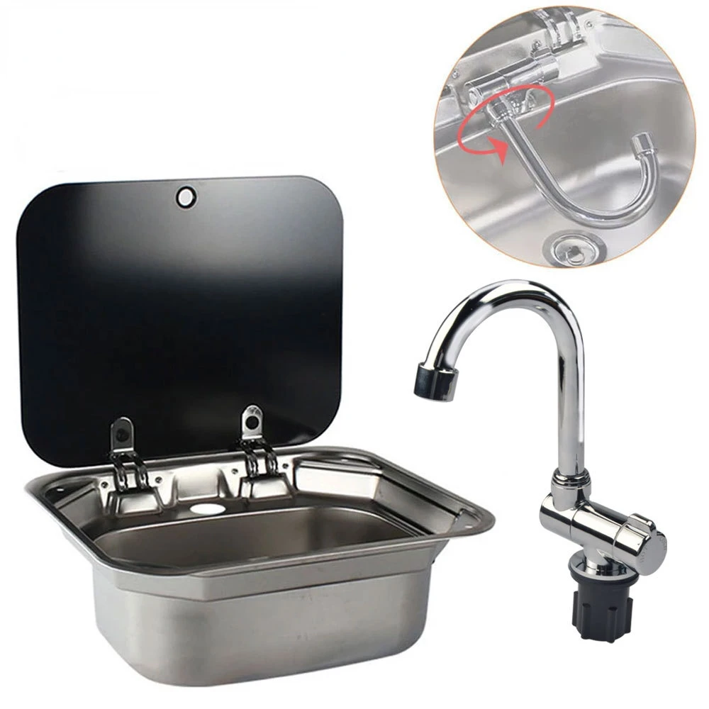 Caravan Camping Edelstahl Hand Waschbecken Waschbecken mit Gehärtetem Glas Deckel Camper Zubehör RV Edelstahl Dachte Waschbecken