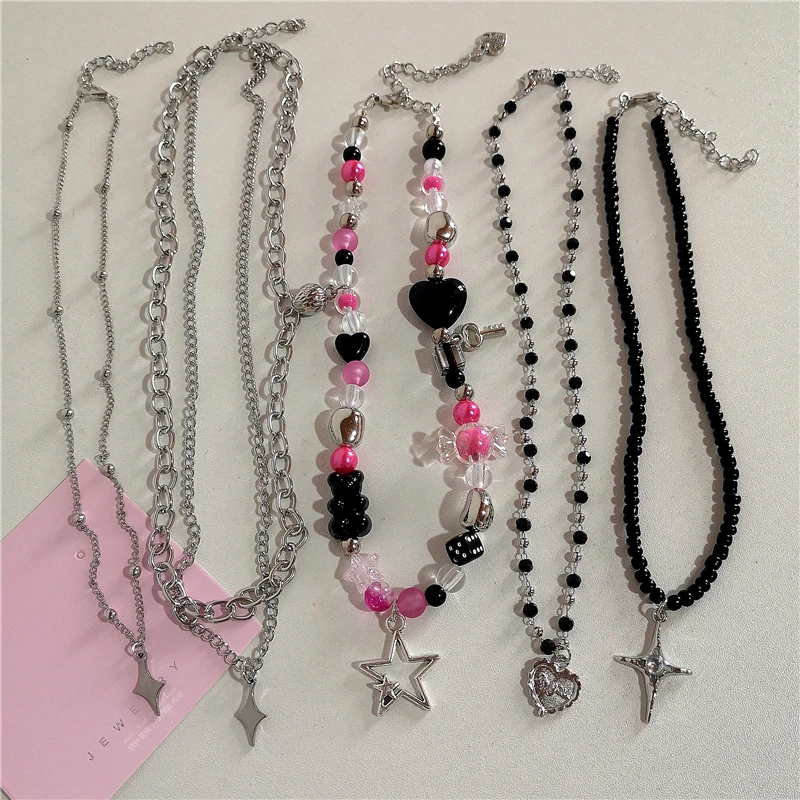 Kpop Goth Vintage Y2K Stern Kreuz Anhänger Rosa Perlen Silber Farbe Kette Halskette Für Frauen Ästhetische Grunge EMO Jewely Zubehör