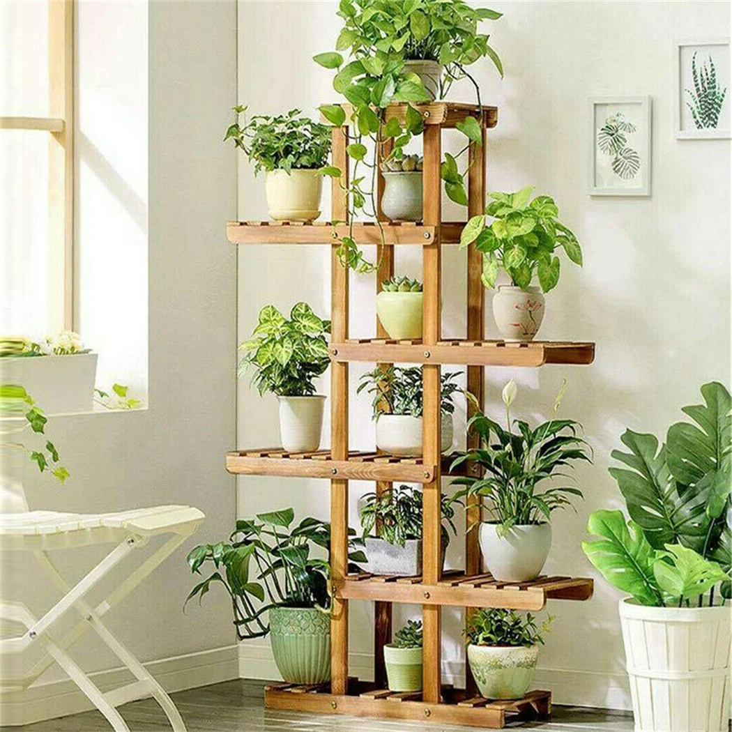 6 Tier Holz Anlage Stehen Verkohltes Holz Plant Stand Halter Blume Display Stand Blume Topf Rack Bonsai Display Bank Terrasse sie Image