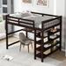 Full Size High Loft Bed with 4-Tier Storage Shelves and Under-Bed Desk