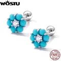 WOSTU Pure 925 Sterling Silver Natural Flower Turquoise Stud Earrings For Women s925 Studs