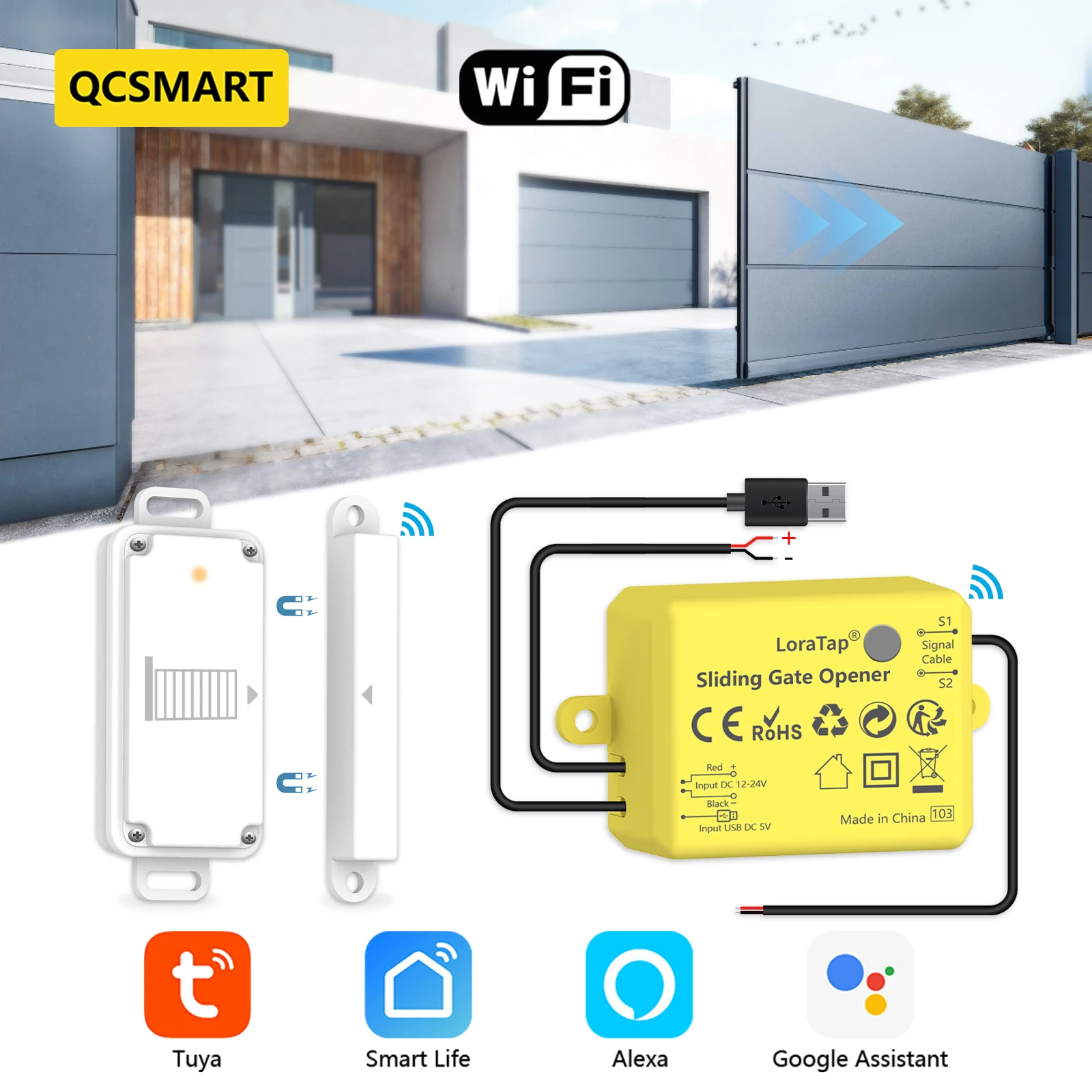 QCSMART Schiebetoröffner Controller IP65 Wasserdichter Türsensor USB-Aufladung Arbeit mit Tuya Smart Life Google Home Alexa Image