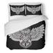 KXMDXA 3 Piece Bedding Set Steampunk Owl Spread Wings Keyhole in The of Linework White On Black Twin Size Duvet Cover with 2 Pillowcase for Home Bedding Room Decoration