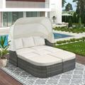 Sectional All-Weather Wicker Couch with Retractable Canopy Conversation Set Wicker Furniture Outdoor Patio Daybed Sunbed Set for Backyard Garden and Lawn