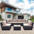 7-Piece Modular Outdoor Conversational Furniture Set Wicker Sectional Sofas Patio Furniture Set w/ Tempered Glass Table and Cushions -- Brown