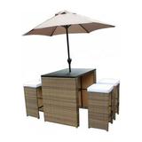 HomeRoots Brown & White Faux Wicker Outdoor Bar Height Table Set with Umbrella & Stool - 6 Piece