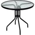 32 Outdoor Patio Table Round Shape Steel Frame Tempered Glass Top With Umbrella Hole Party Event Furniture Conversation Coffee Table For Backyard Lawn Balcony Pool (Black)