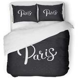 ZHANZZK 3 Piece Bedding Set Conceptual Paris Message in Simple White Text on Dotted Abstract Twin Size Duvet Cover with 2 Pillowcase for Home Bedding Room Decoration