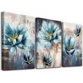 Canvas Wall Art For Living Room Family Wall Decor For Bedroom Abstract Blue Flowers Wall Paintings Office Decor Modern Wall Decorations For Kitchen Wall Pictures Artwork 12 X 16 3 Piece