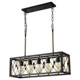 Farmhouse Kitchen Light Fixtures 5-Light Metal Dining Room Light Fixture Industrial Chandelier for Dining Room Pool Table Kitchen Island Rustic Wood Grain Finish.(Hemp rope - black)