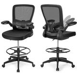 Drafting Chair High Back Office Chairs With Footrest Ring Flip-Up Armrest Height Adjustable Executive Desk Chair Ergonomic Mesh Computer Task Chair Lumbar Support Tall Office Chair (2)