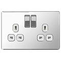 BG Electrical FPC22W 13 A 2-Gang Metal Double Pole Switched Socket - Flat Polished Chrome - 5 pack