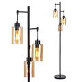 TANGZON 3-Light Floor Lamp, Industrial Metal Standing Lamp with 3 E27 Sockets, Foot Switch & Antique Glass Lampshades, Tall Tree Torchiere Floor Light for Living Room Bedroom Sofa Office