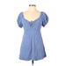 Sky and Sparrow Casual Dress - Mini Tie Neck Short sleeves: Blue Solid Dresses - Women's Size Large