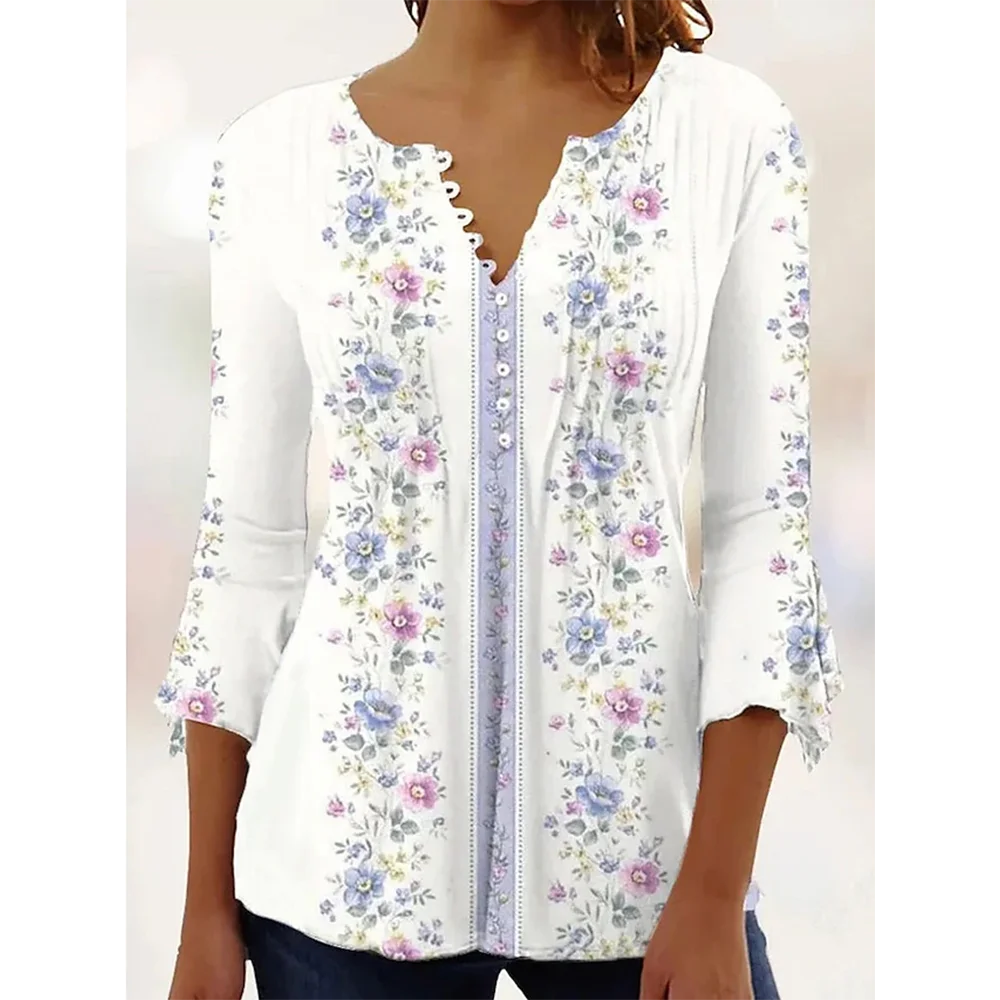 Summer V-Neck T-Shirt High Quality Fashion Seven-Point Sleeve Clothing Street Trend Printed Top Loose Casual Women's Wear