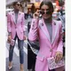 HIGH STREET Newest Fashion 2024 Designer Blazer Women's Long Sleeve Floral Lining Rose Buttons Pink