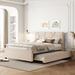 Full Size Upholstered Platform Bed with Brick Pattern Headboard and Twin Size Trundle, Linen Fabric, Beige