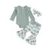 Qtinghua Newborn Baby Girls Fall Outfits Long Sleeve Romper with Rainbow/Flower Print Pants and Headband Clothes Mint Green 6-12 Months