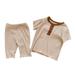 Kids Toddler Baby Boys Girls Ribbed Patchwork Short Ruffled Sleeve T Shirt Blouse Tops Solid Shorts Pants Sleepwear Pajamas Outfit Set 2Pcs Clothes Beige 73