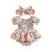 IZhansean Newborn Baby Girl Smocked Romper Dress Floral Print Short Puff Sleeve Ruched Jumpsuit Bodysuit with Headband Set White Orange 6-9 Months