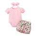 OLLUISNEO Newborn Baby Girl Summer Outfits Solid Color Romper Top with Bubble Short Sleeve + Floral Shorts + Headband 3 PCS Baby Girl Shorts Set 9-12 Months