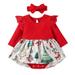 YDOJG Baby Toddler Girls Outfit Set Xmas Cute Cartoon Long Ruffled Sleeve Patchwork Princess Dress Romper With Headbands Christmas Outfit Set 2Pcs Clothes For 6-12 Months