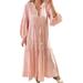 huaai dresses for women summer casual fashion v neck long sleeve solid color tie puff sleeve loose long dress pink l