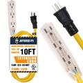 Lighted Outdoor Extension Cord - Heavy Duty Yellow Power Cable Splitter by Journeyman-Pro 5-15P to Three Electrical Outlets (Inline Triple-Tap) 5-15R 15 AMP 125 Volts Short 6 10 FT (Yellow - 10 FT)