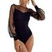 Women s Round Neck Bodysuit Mesh Jumpsuit Solid Color Rompers Hollow Out Playsuit Long Sleeve Bodycon