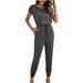 Women s Summer Casual Jumpsuit Crew Neck Short Sleeve Elastic Waist Drawstring Soft Long Pant Romper with Pockets