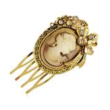 Gold Tone Topaz Rhinestones Victorian Lady Cameo Maiden Prom Hair Comb