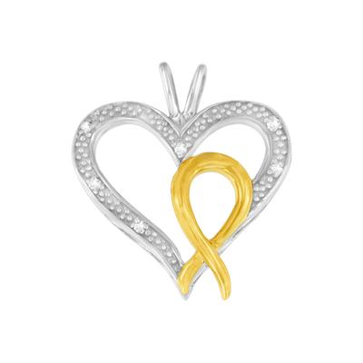 Women's Silver Two Toned Diamond Accent Heart-Ribbon Pendant Necklace by Haus of Brilliance in Silver Gold