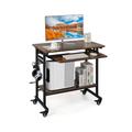 Costway Rolling Laptop Table with Pull-out Keyboard Tray and Hooks-Rustic Brown