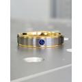 Mens Wedding Bands, 14K Yellow Gold Band, Titanium Blue Sapphire Ring, Satin Brushed Stepped Edges