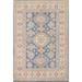 Blue Geometric Kazak Oriental Area Rug Hand-Knotted Wool Carpet - 4'0"x 5'9"