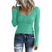 knqrhpse Crop Tops Womens Tops Women Long Sleeve Button Down Slim Fit Tops Scoop Neck Ribbed Knit Shirts Hoodies For Women Light green S