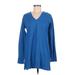 Lands' End Casual Dress - Shift V-Neck Long sleeves: Blue Solid Dresses - Women's Size Medium