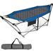 Portable Folding Hammock Lounge Camping Bed With Hammock Stand Indoor & Outdoor Hammock W/Side Pocket Anti-Tip Buckles & Iron Stand For Camping Outdoor Patio Yard Beach (Blue)