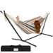 PORTABLE WHITE AND BROWN STRIPED HAMMOCK WITH STEEL STAND & WATERPROOF CARRYING BAG CANVAS DOUBLE HAMMOCK 250 LB. CAPACITY