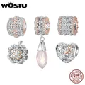 WOSTU 925 Sterling Silver Rose Gold Two-Tone Clover Heart Charms Crystal Drop Pendant Hollow Out