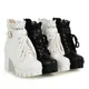 2023 große Qualität Block High Heels Frauen Stiefeletten weiße Schuhe Spitze Dekor schnüren klobige