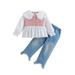 ZHAGHMIN Baby Girls Long Sleeve Tops Jeans Outfits Set Toddler Kids Plaid Button Ruffle Cotton Shirts Long Pocket Pants Autumn Clothes Pink 90