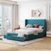 Queen Size Velvet Upholstered Storage Platform Bed with Wingback Headboard and Big Drawer, Blue