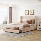 Queen Velvet Upholstered Storage Bed with Big Drawer, Wood Platform Bed Frame w/Wingback Headboard, No Box Spring Needed, Beige