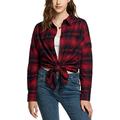 CQR Women's Plaid Flannel Shirt Long Sleeve, All-Cotton Soft Brushed Casual Button Down Shirts, Loose Fit Red Navy Tartan, XS