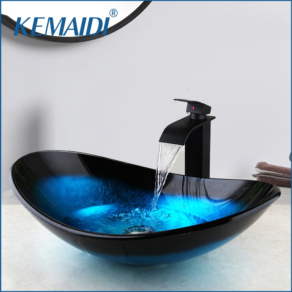 KEMAIDI salle de bain navire évier en verre trempé lavabo robinet Combo bleu comptoir bassin éviers lavabo pour salle de bain hôtel