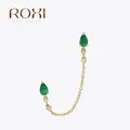 RIXO S925 Sterling Silver Droplet Shaped Green Crystal Studded CZ Chain Tassel Stud Earrings For