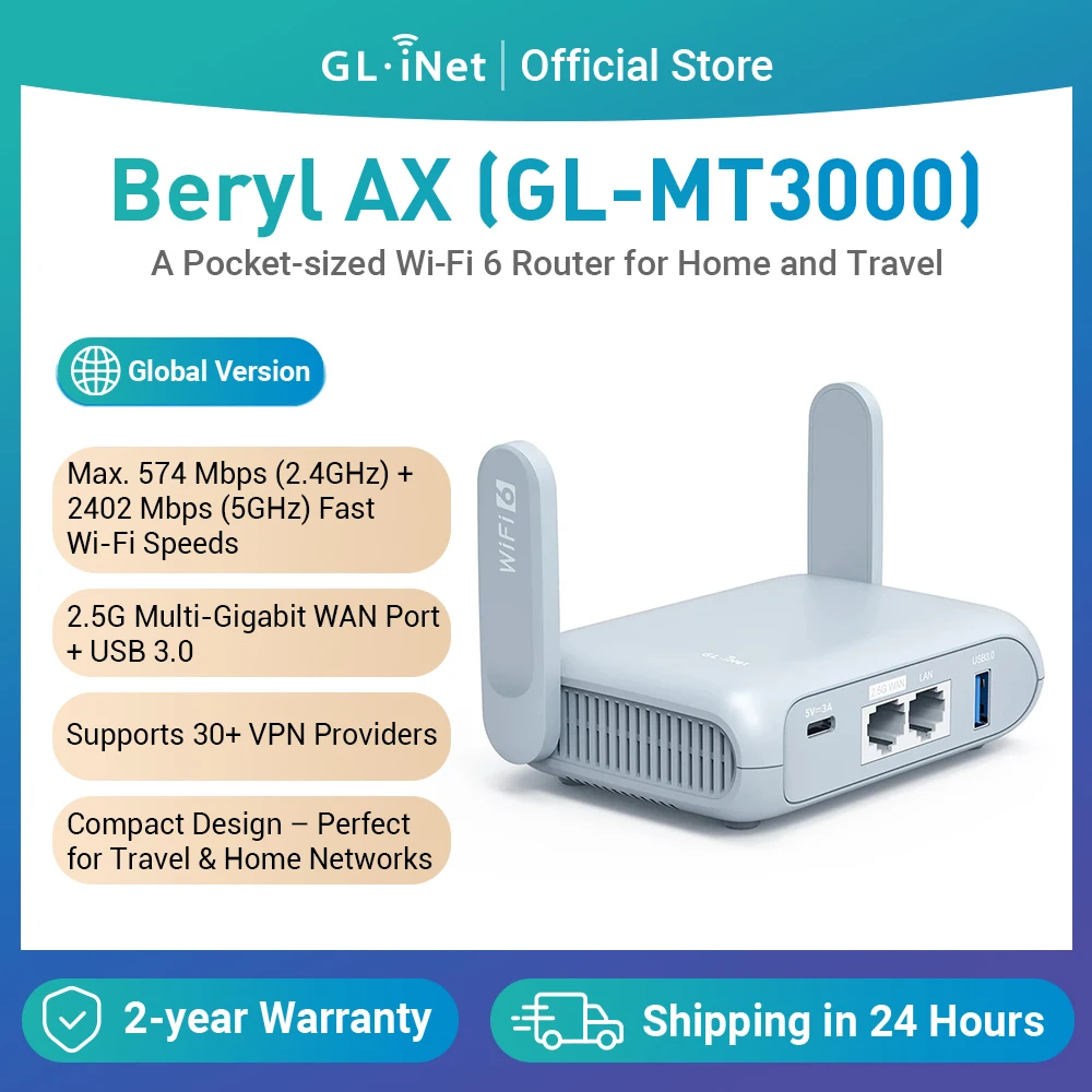 GL.iNet GL-MT3000 (Beryl AX) Wi-Fi 6 Wireless Travel Gigabit Router, Connect Public & Hotel Wi-Fi, Captive Portal, Cybersicherheit Image